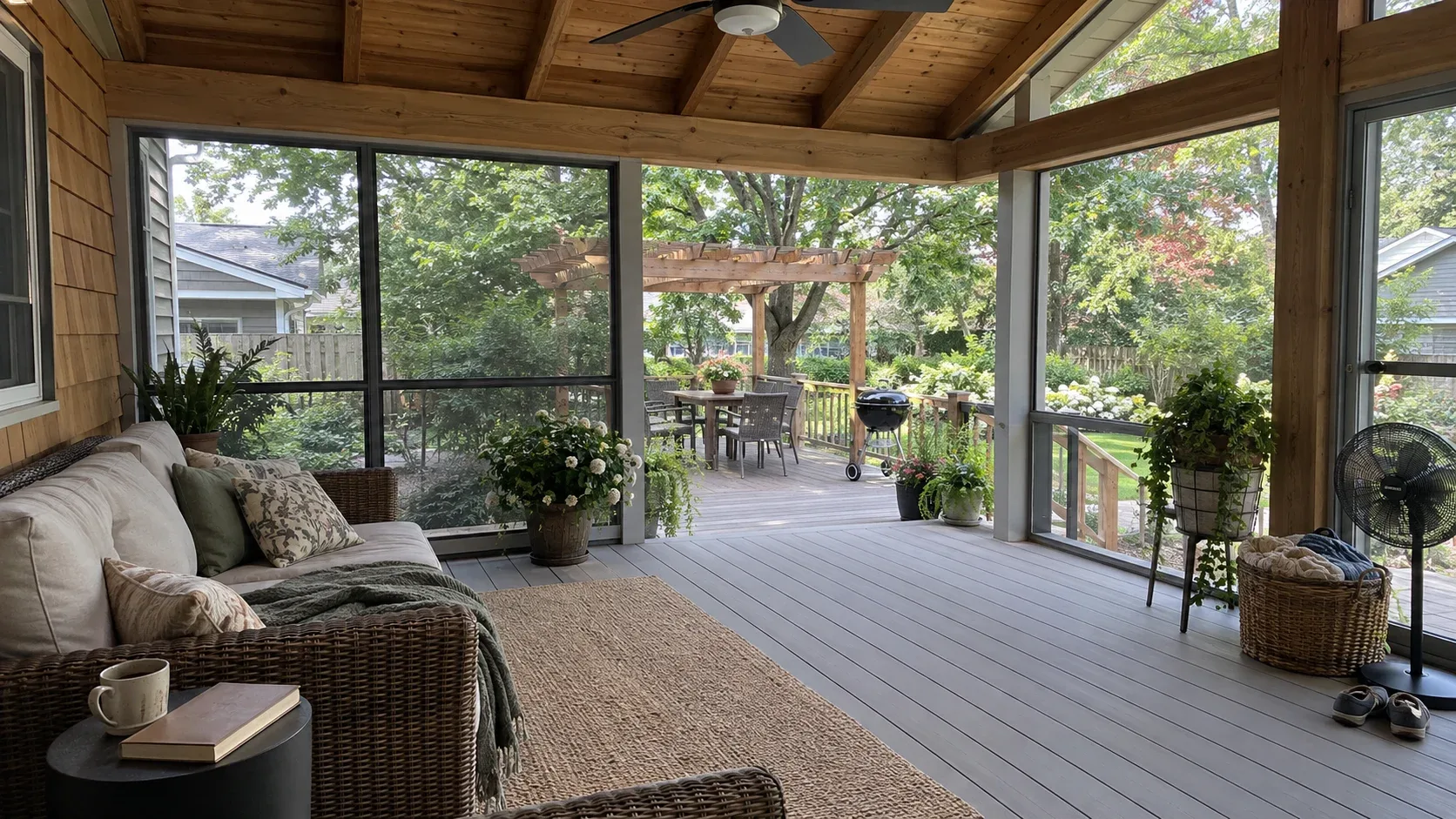 A covered porch with a stained tongue and groove ceiling, screened on one side