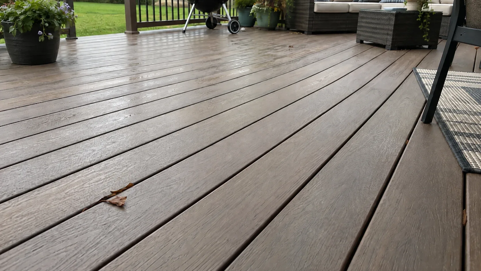 Raking evening light across capped composite decking, the embossed woodgrain catching the light, with fallen catkins and a leaf caught in one of the board gaps